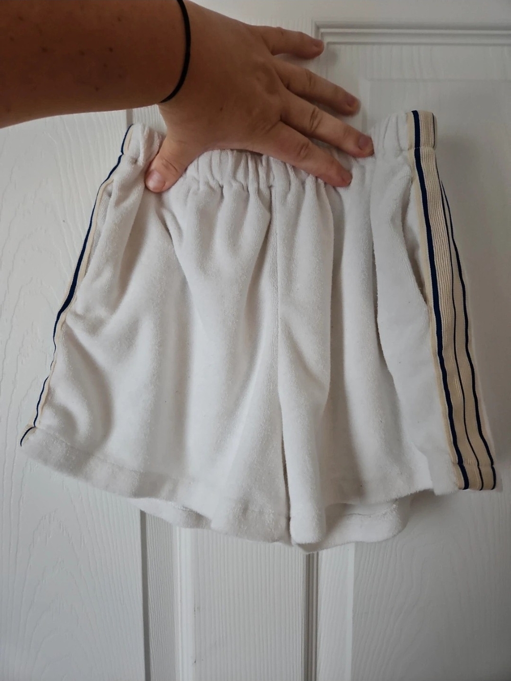 White Terry Shorts with Navy Side Stripe - Kids
